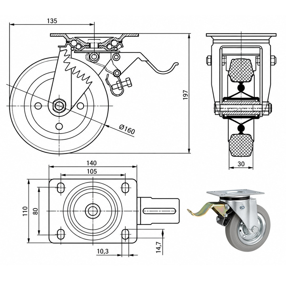 Metall-Gummiräder mit Befestigungsplatte und Bremse Lenkrolle Ø160 mm Code: 45SH
