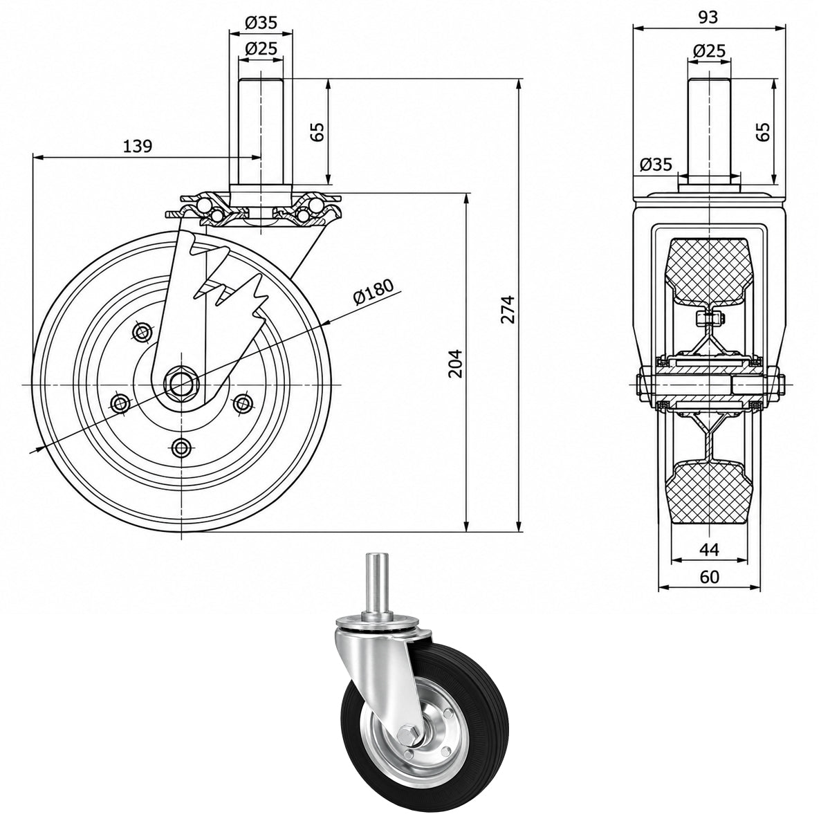 Metall-Gummiräder mit Befestigungsstift Lenkrollen  Ø180 mm Code: 54N*25