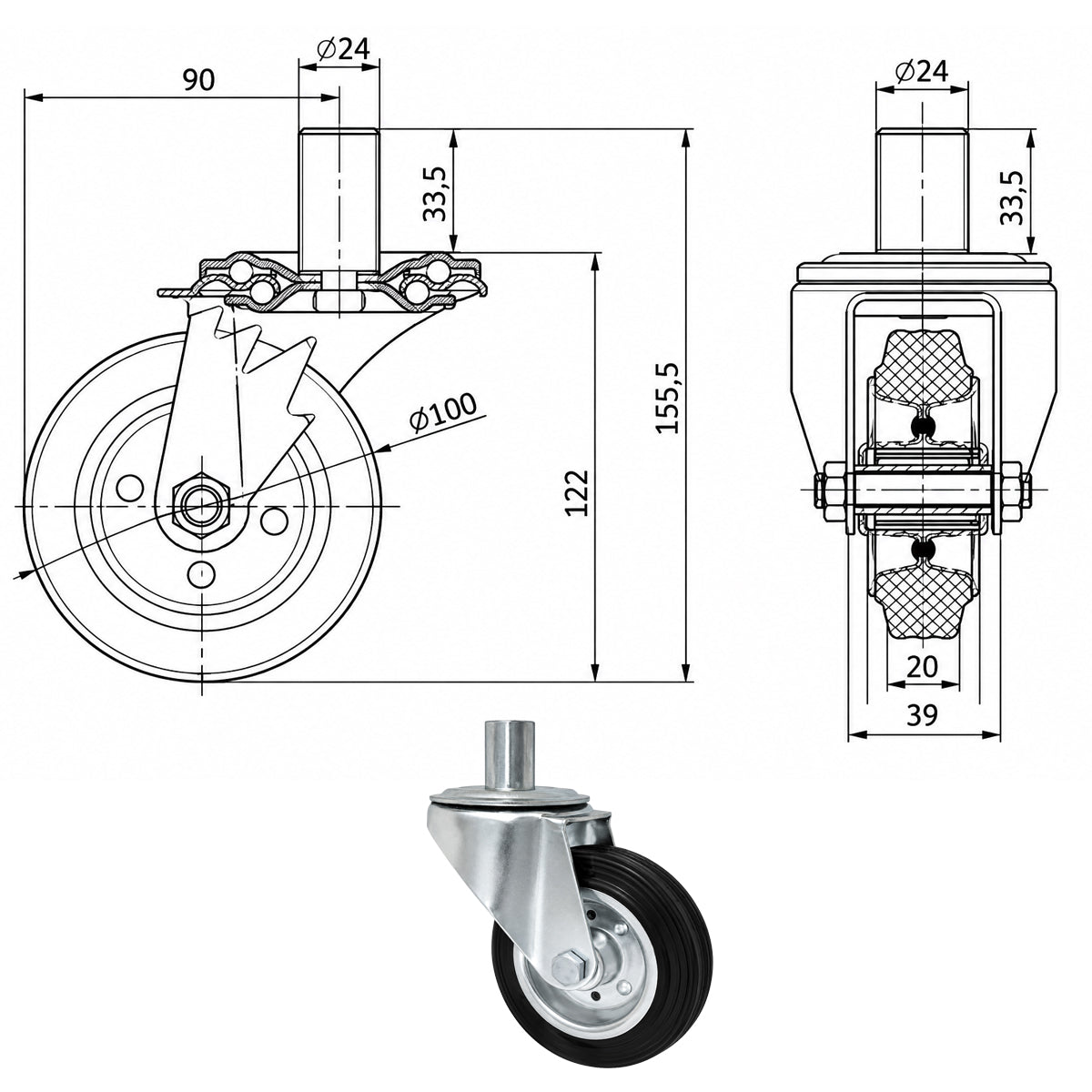 Metall-Gummiräder mit Befestigungsstift Lenkrollen Lenkrollen Ø100 mm Code: 14*24