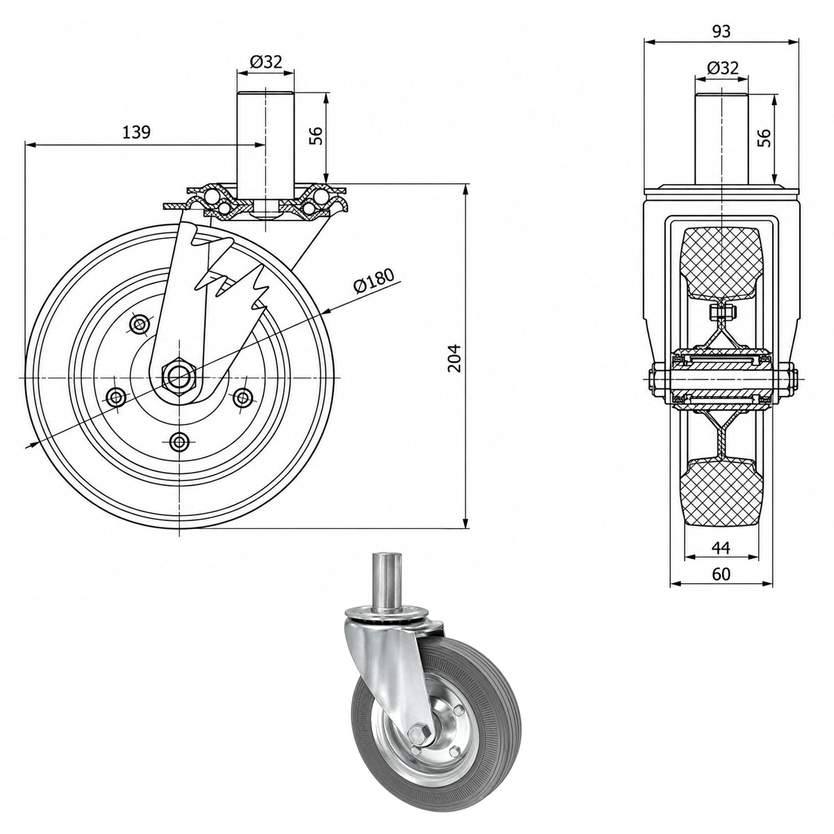 Metall-Gummiräder mit Befestigungsstift Lenkrollen  Ø180 mm Code: 54NS*32