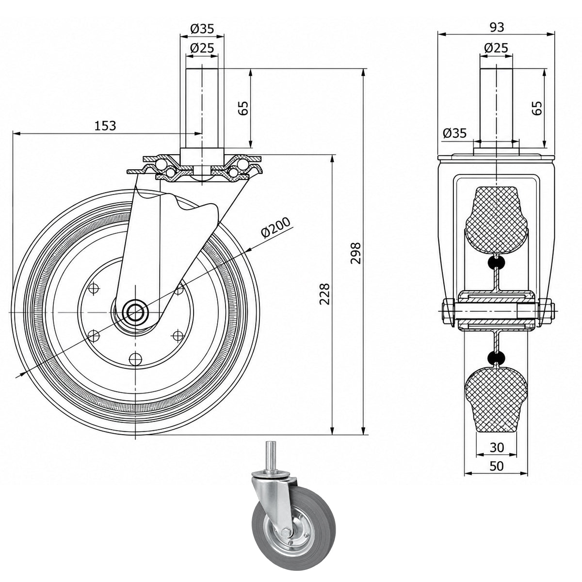 Metall-Gummiräder mit Befestigungsstift Lenkrollen  Ø200 mm Code: 64NS*25
