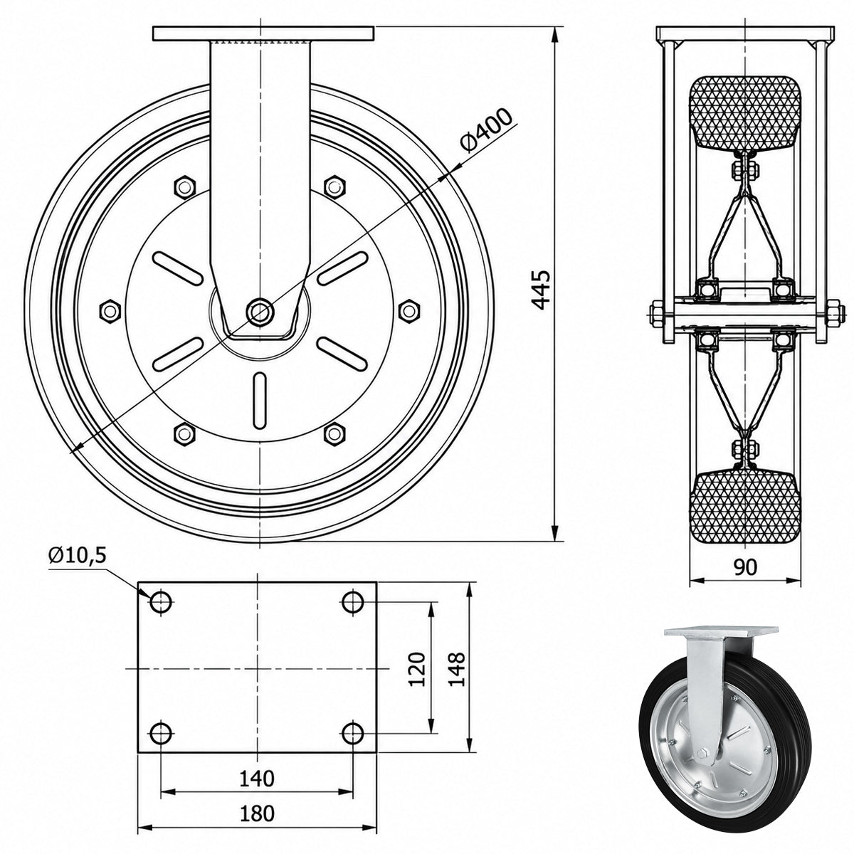 Metall-Gummiräder mit Platte Bockrolle Ø400 mm mit Platte Code: 4003D