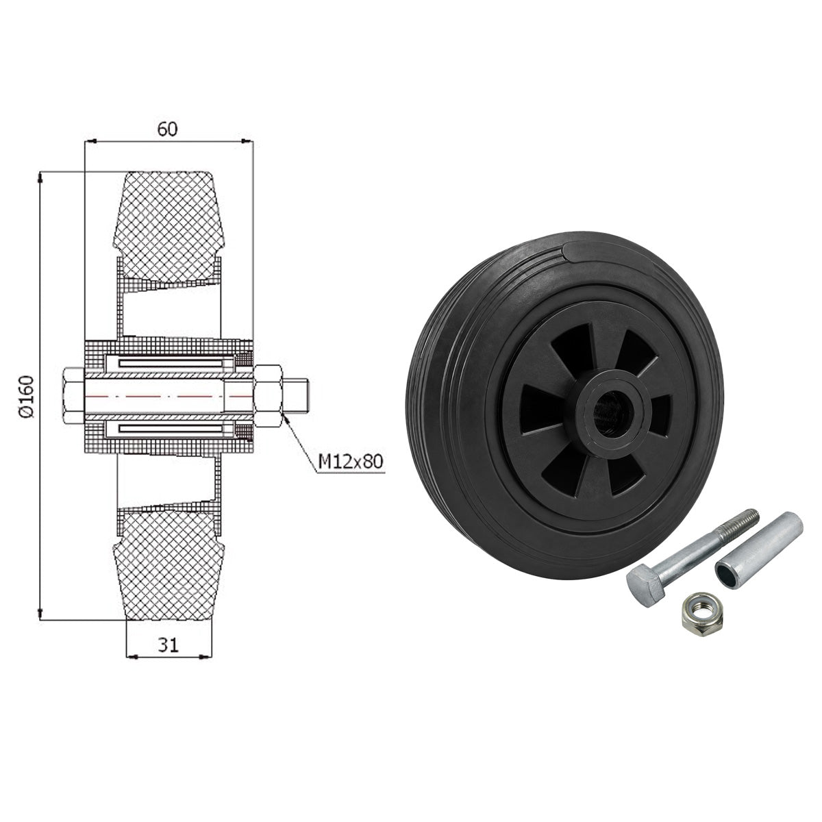 Kunststoff-Gummirrad Ø 160 mm Industrie Gummirad mit Montagesatz Code: 41TX