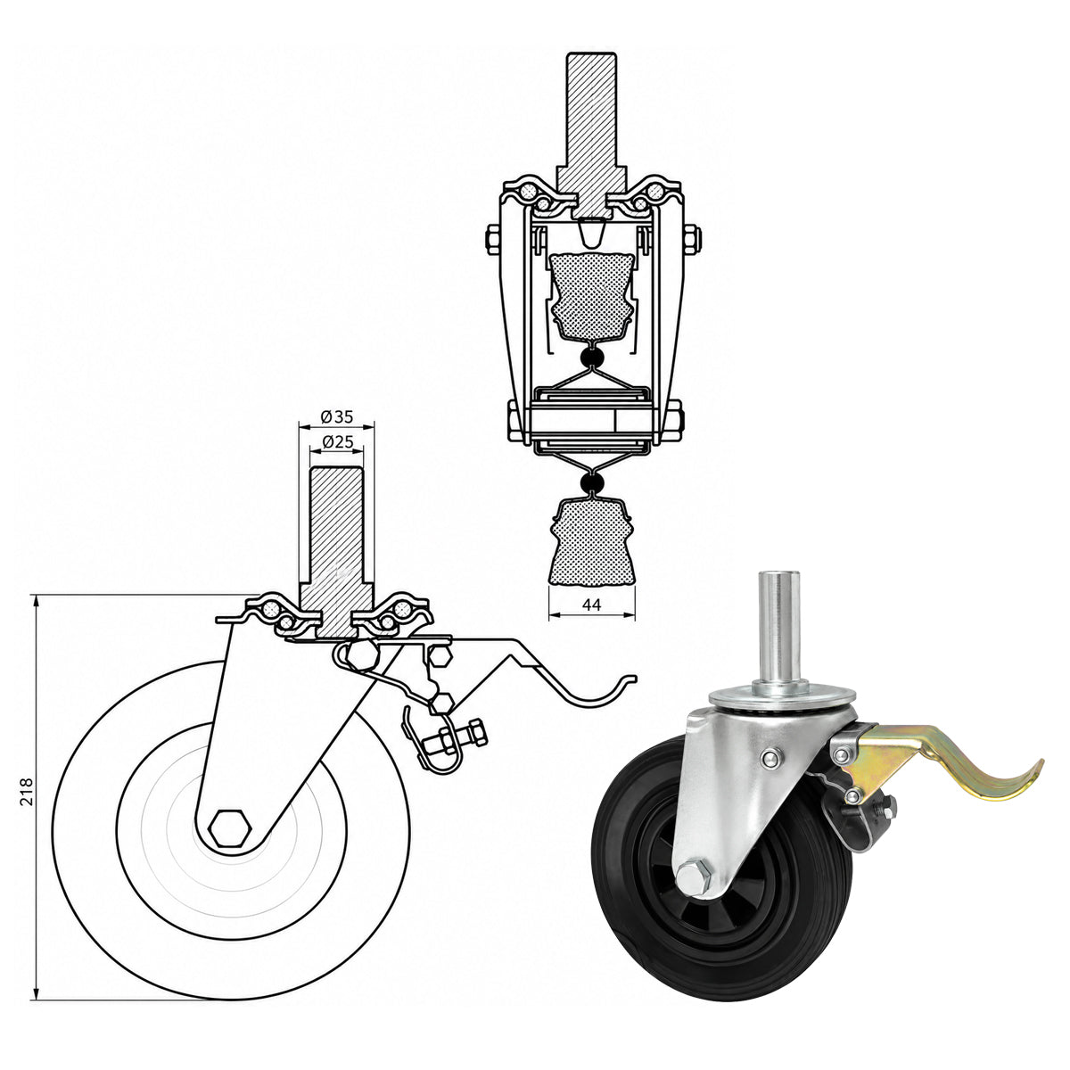 Kunststoff-Gummiräder mit Befestigungsstift und Bremse Lenkrollen  Ø180 mm Code: 56TH*25