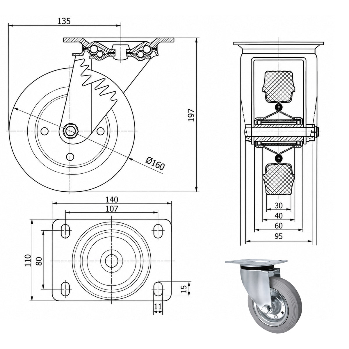 Metall-Gummiräder mit Befestigungsplatte Lenkrolle Ø160 mm mit Platte Code: 42S