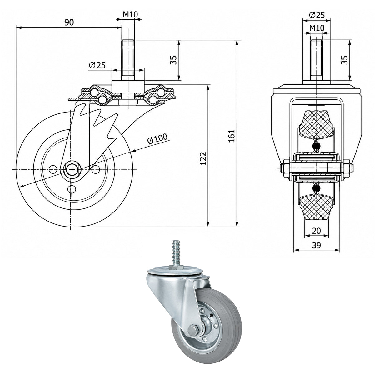 Metall-Gummiräder mit Befestigungsstift Lenkrollen Lenkrollen Ø100 mm Code: 14S*M10