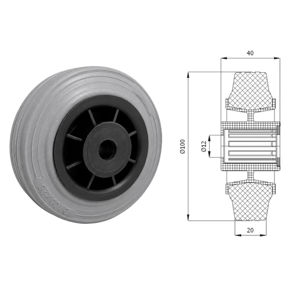 Vollgummi Rad Ø 100 mm mit Polypropylen-Felge Industrie Gummirad Code: 10TS