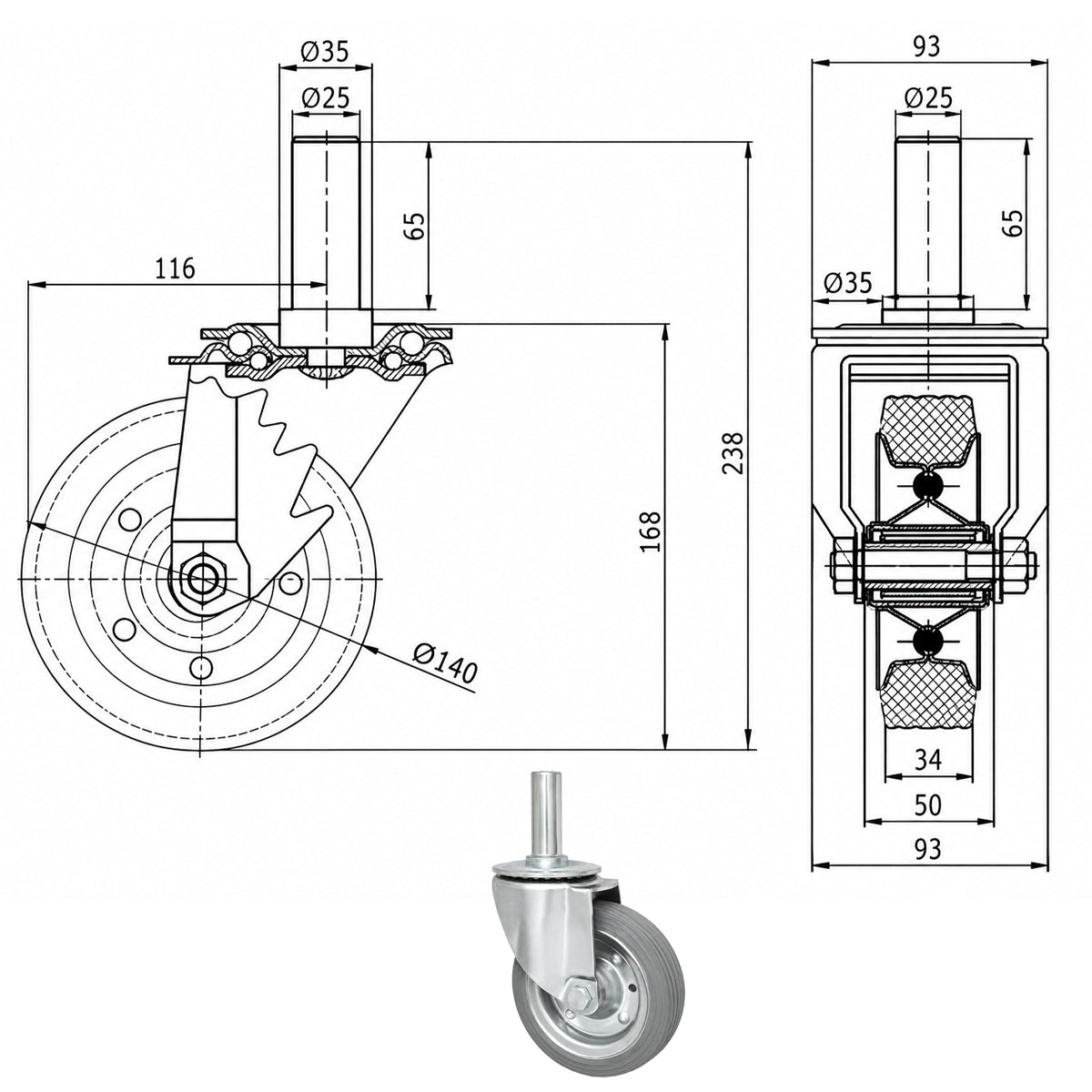 Metall-Gummiräder mit Befestigungsstift Lenkrollen Lenkrollen Ø140 mm Code: 34S*25
