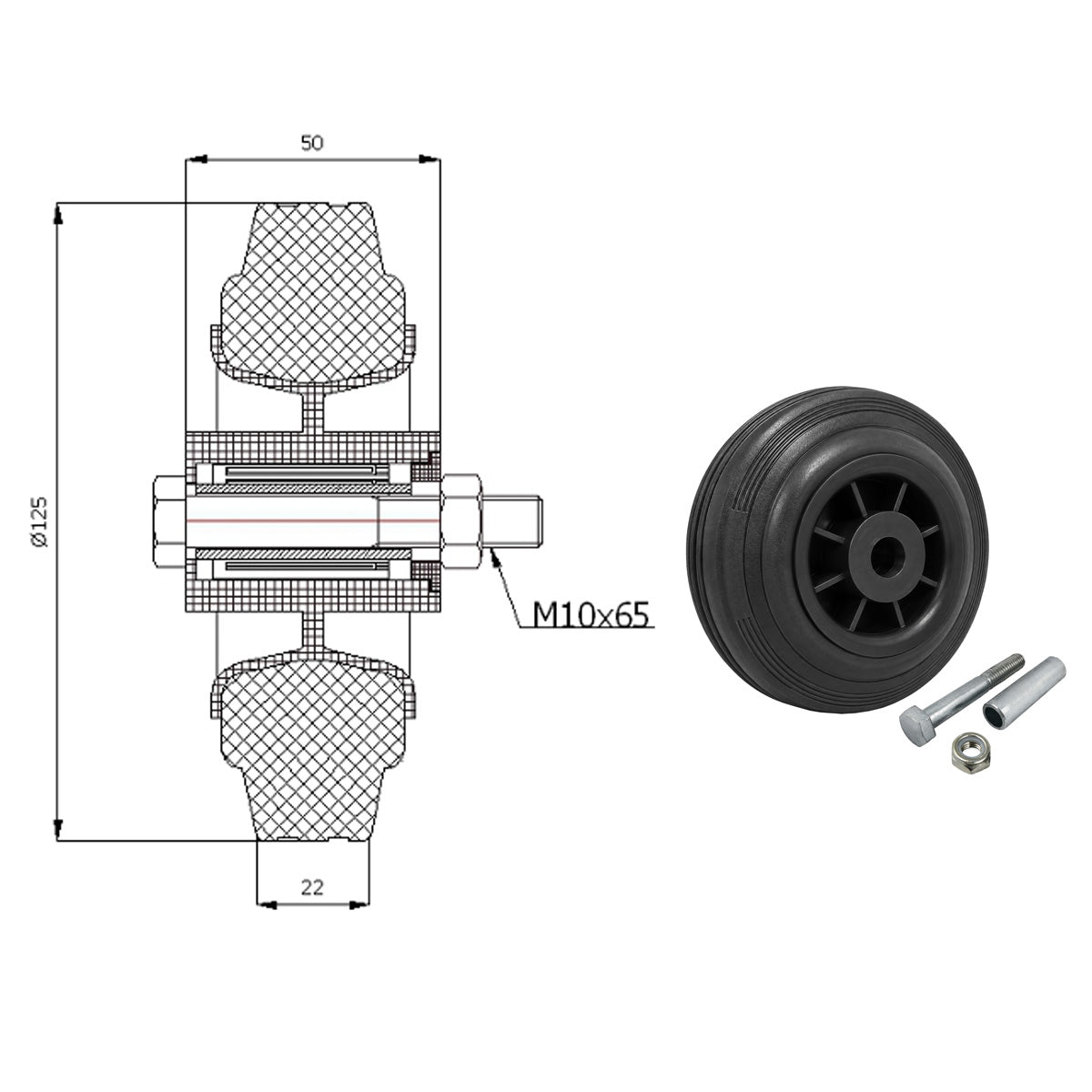 Kunststoff-Gummirrad Ø 125 mm Industrie Gummirad mit Montagesatz Code: 21TX