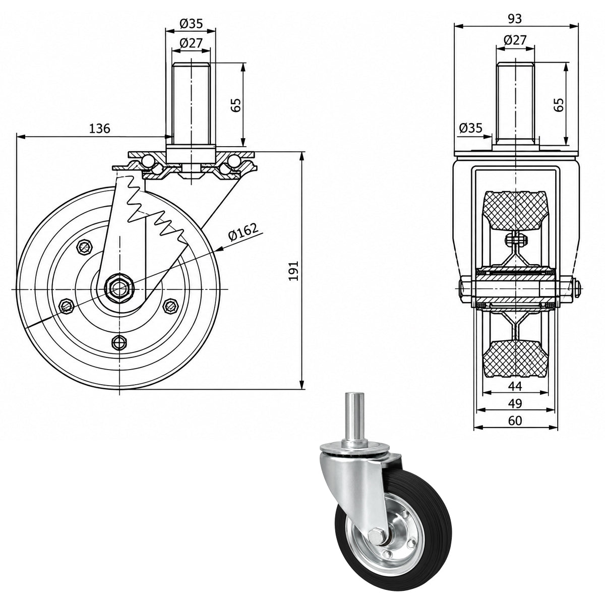Metall-Gummiräder mit Befestigungsstift Lenkrollen Lenkrollen Ø160 mm Code: 44N*27