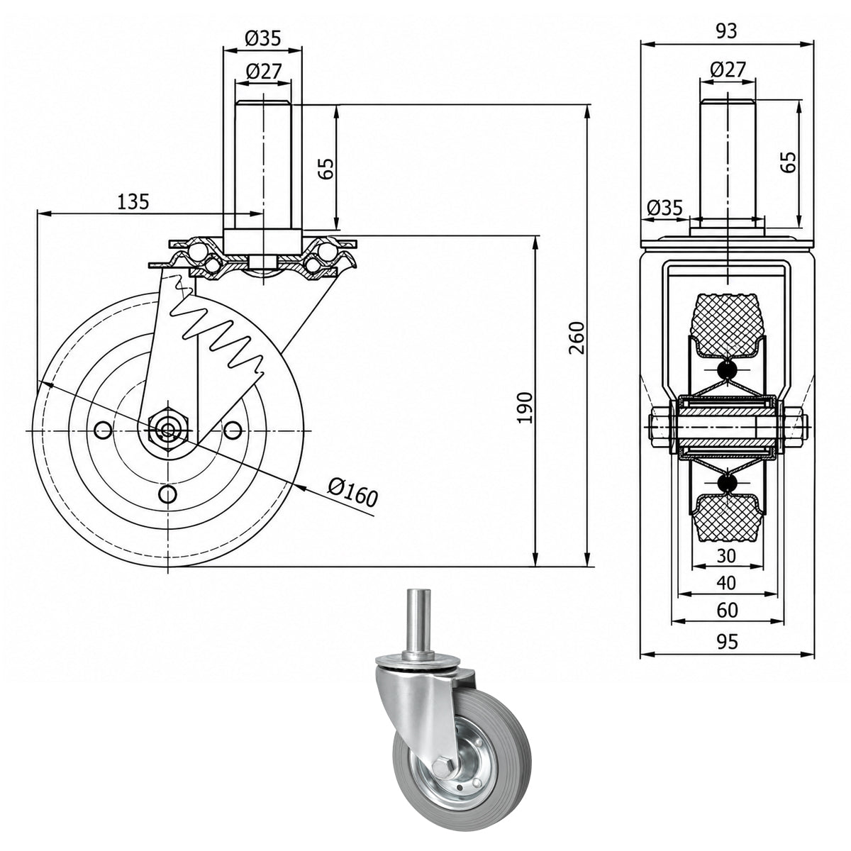 Metall-Gummiräder mit Befestigungsstift Lenkrollen Lenkrollen Ø160 mm Code: 44S*27