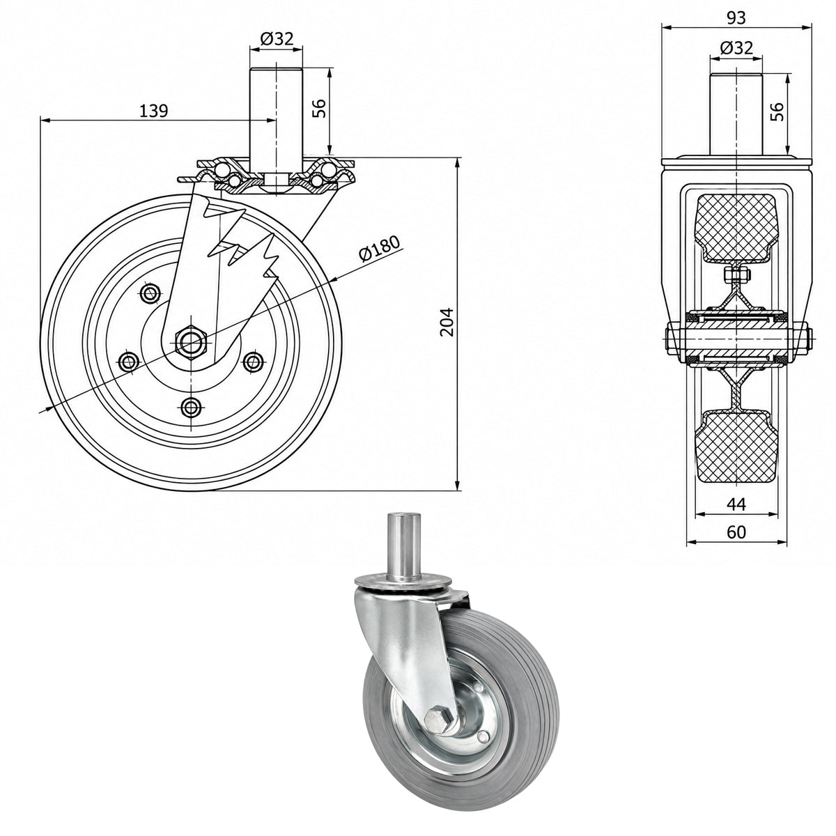 Metall-Gummiräder mit Befestigungsstift Lenkrollen  Ø180 mm Code: 54S*32