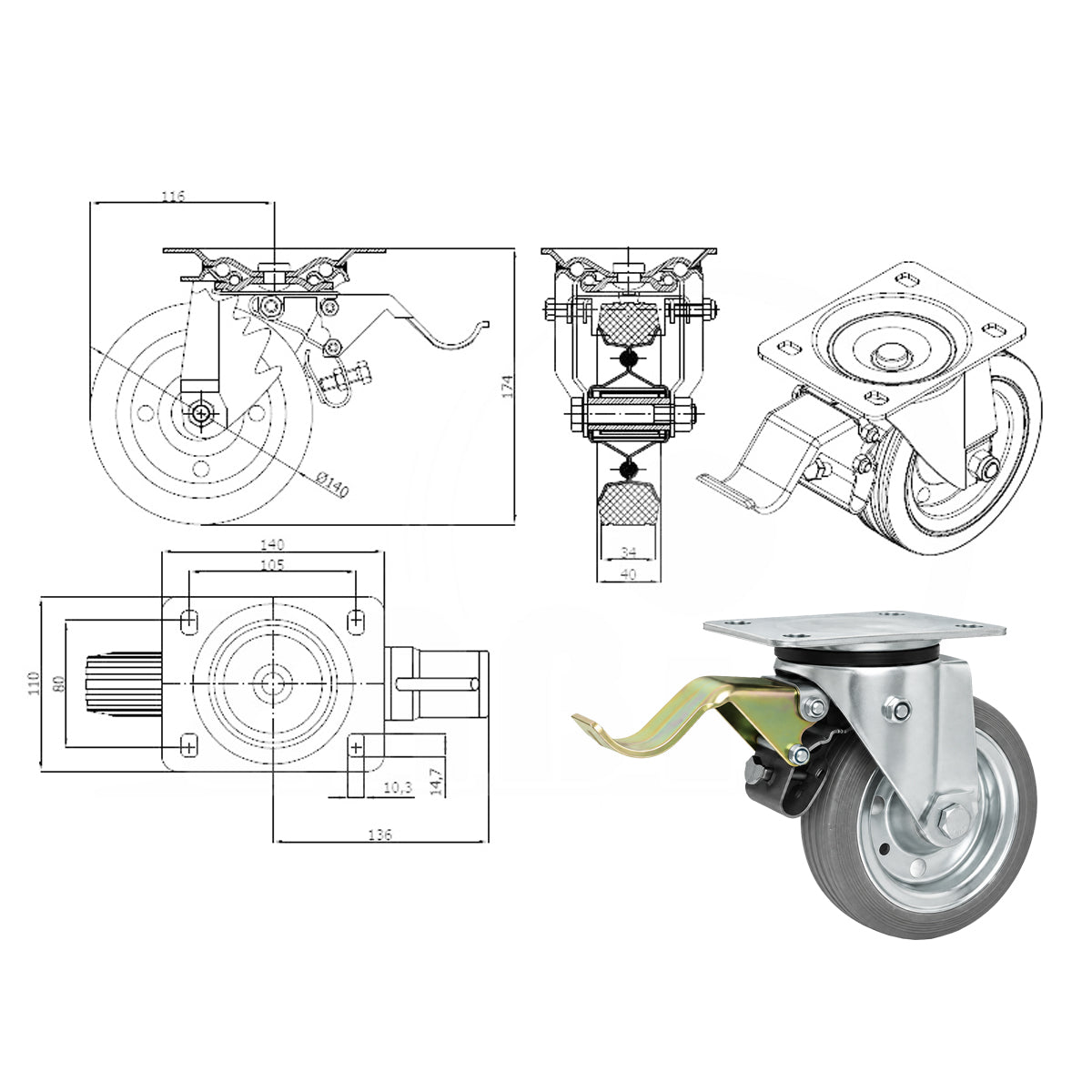 Metall-Gummiräder mit Befestigungsplatte und Bremse Lenkrolle Ø140 mm Code: 35SH