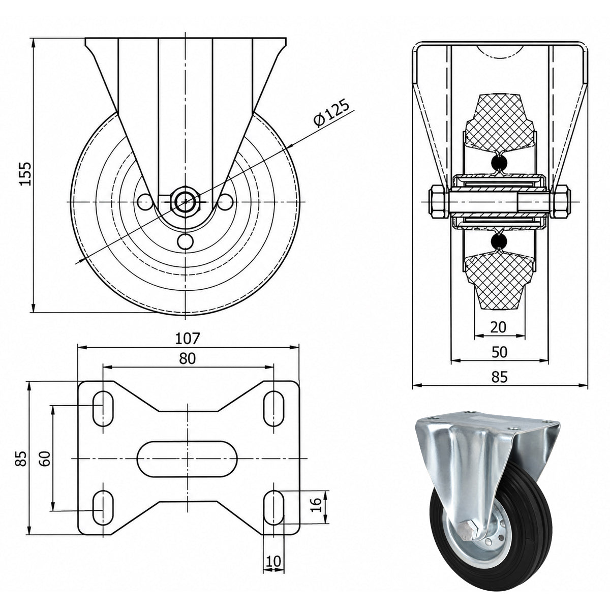 Metall-Gummiräder mit Platte Bockrolle Ø125 mm mit Platte Code: 23M