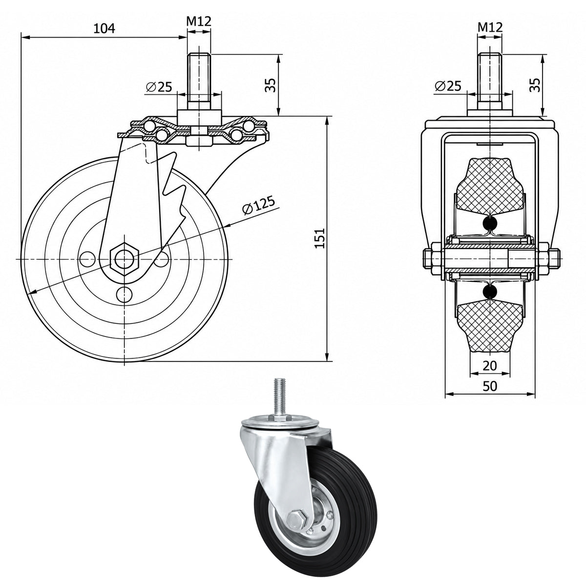 Metall-Gummiräder mit Befestigungsstift Lenkrollen Lenkrollen Ø125 mm Code: 24M*M12