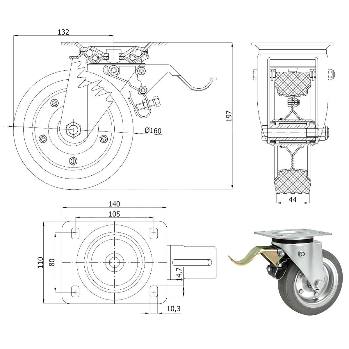 Metall-Gummiräder mit Befestigungsplatte und Bremse Lenkrolle Ø160 mm Code: 45NSH