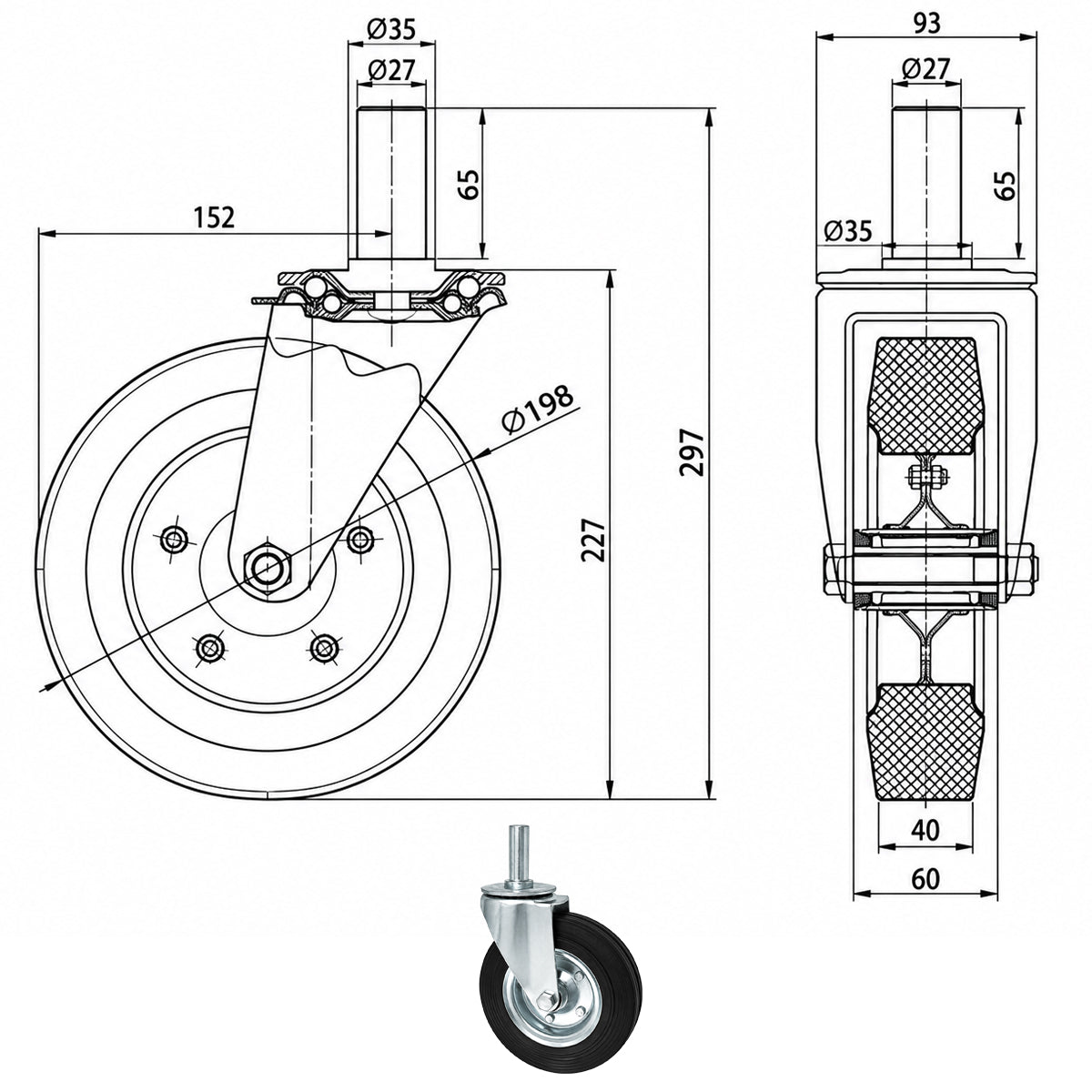 Metall-Gummiräder mit Befestigungsstift Lenkrollen  Ø200 mm Code: 64N*27