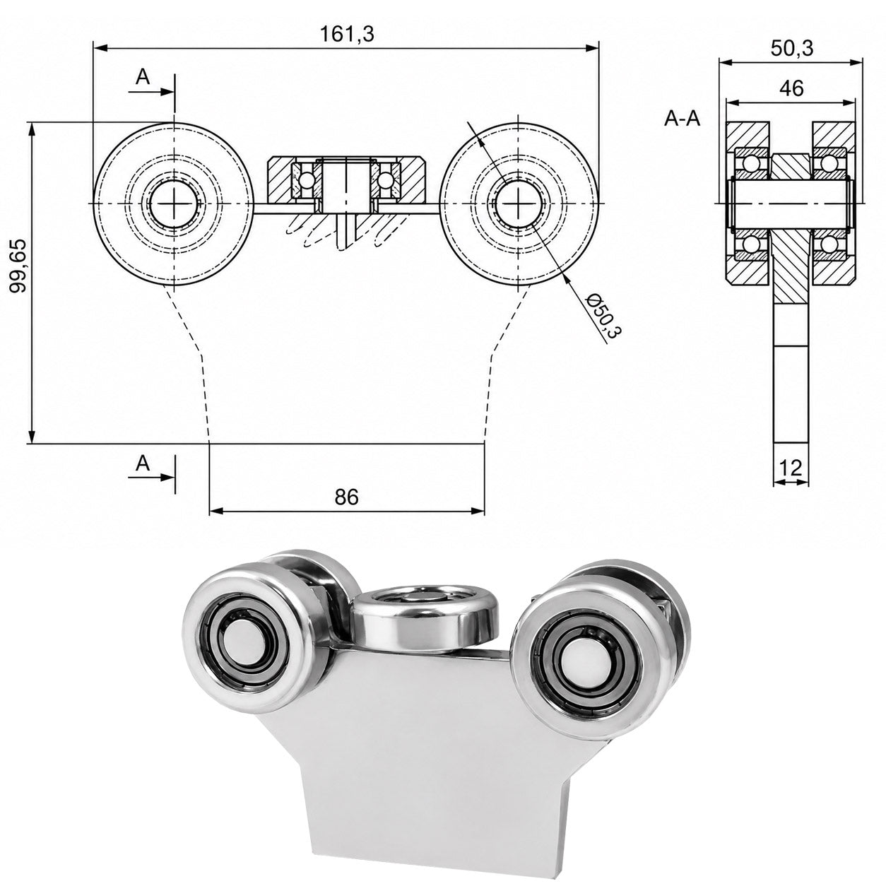 Torwagen für Schiebetore bis 180 °C – für Profile 60 × 60 mm – Wandstärke 3 mm: G-5MM-60E