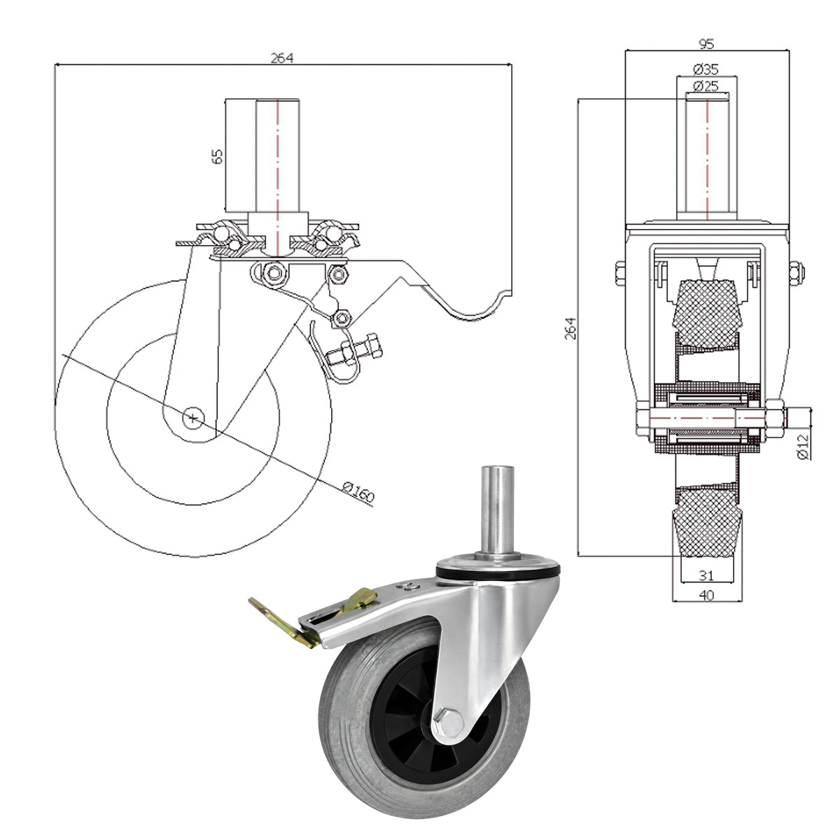 Kunststoff-Gummiräder mit Befestigungsstift und Bremse Lenkrollen  Ø160 mm Code: 46TSH*25