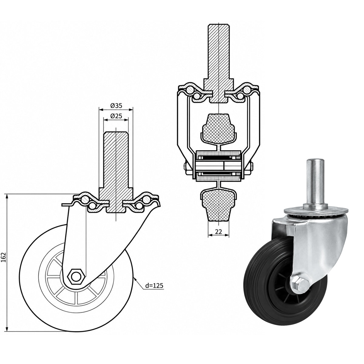 Kunststoff-Gummiräder mit Befestigungsstift Lenkrollen Ø125 mm Code: 24T*25