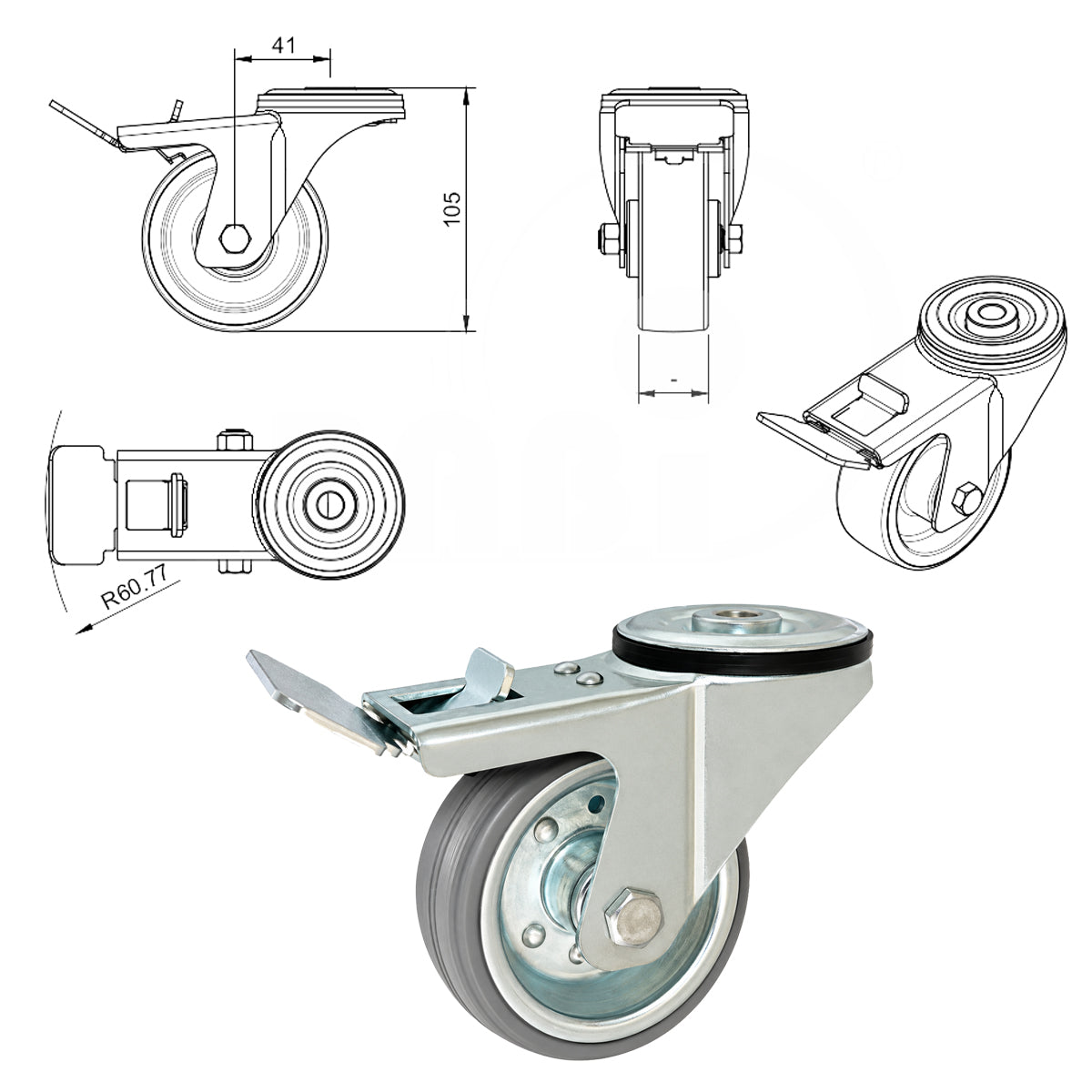 Metall-Gummiräder mit Befestigungsstift mit Zentralbohrung und Bremse Ø80 mm Code: 8SH