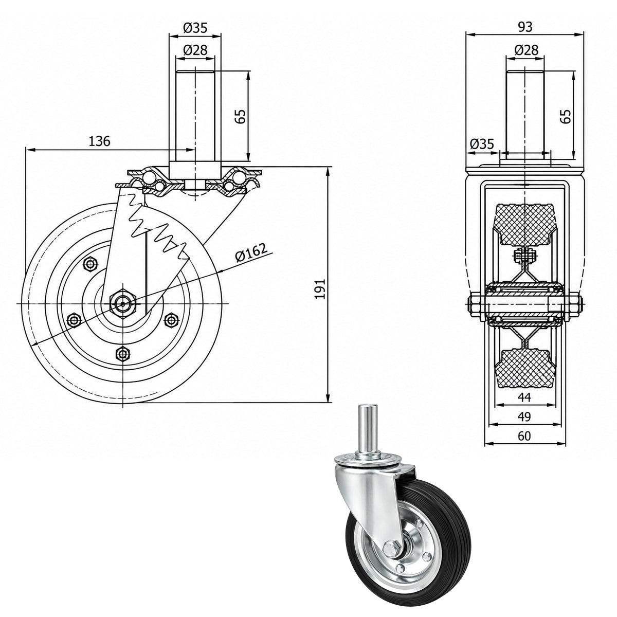 Metall-Gummiräder mit Befestigungsstift Lenkrollen Ø160 mm Code: 44N*28
