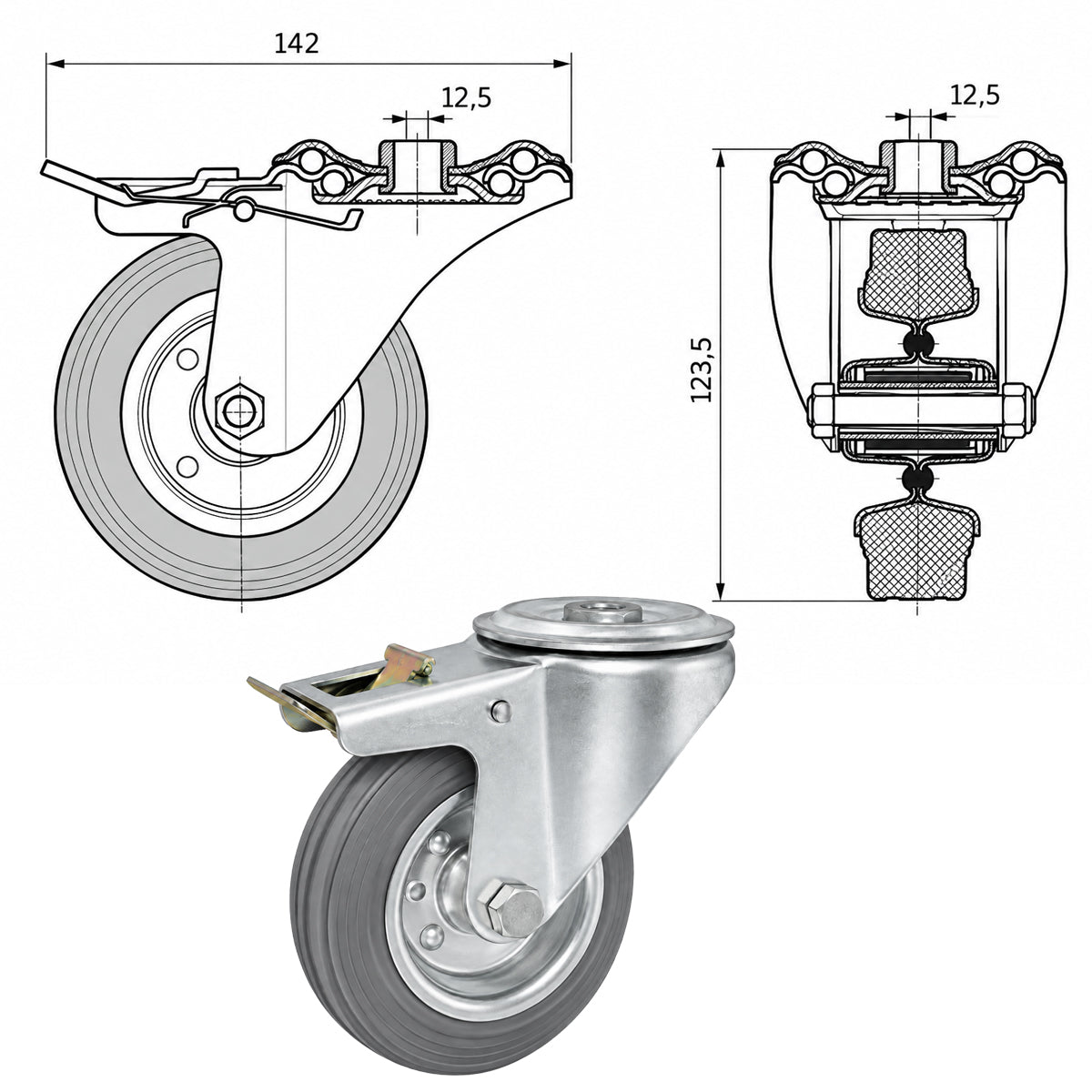 Metall-Gummiräder mit Befestigungsstift mit Zentralbohrung und Bremse Ø100 mm Code: 17SH