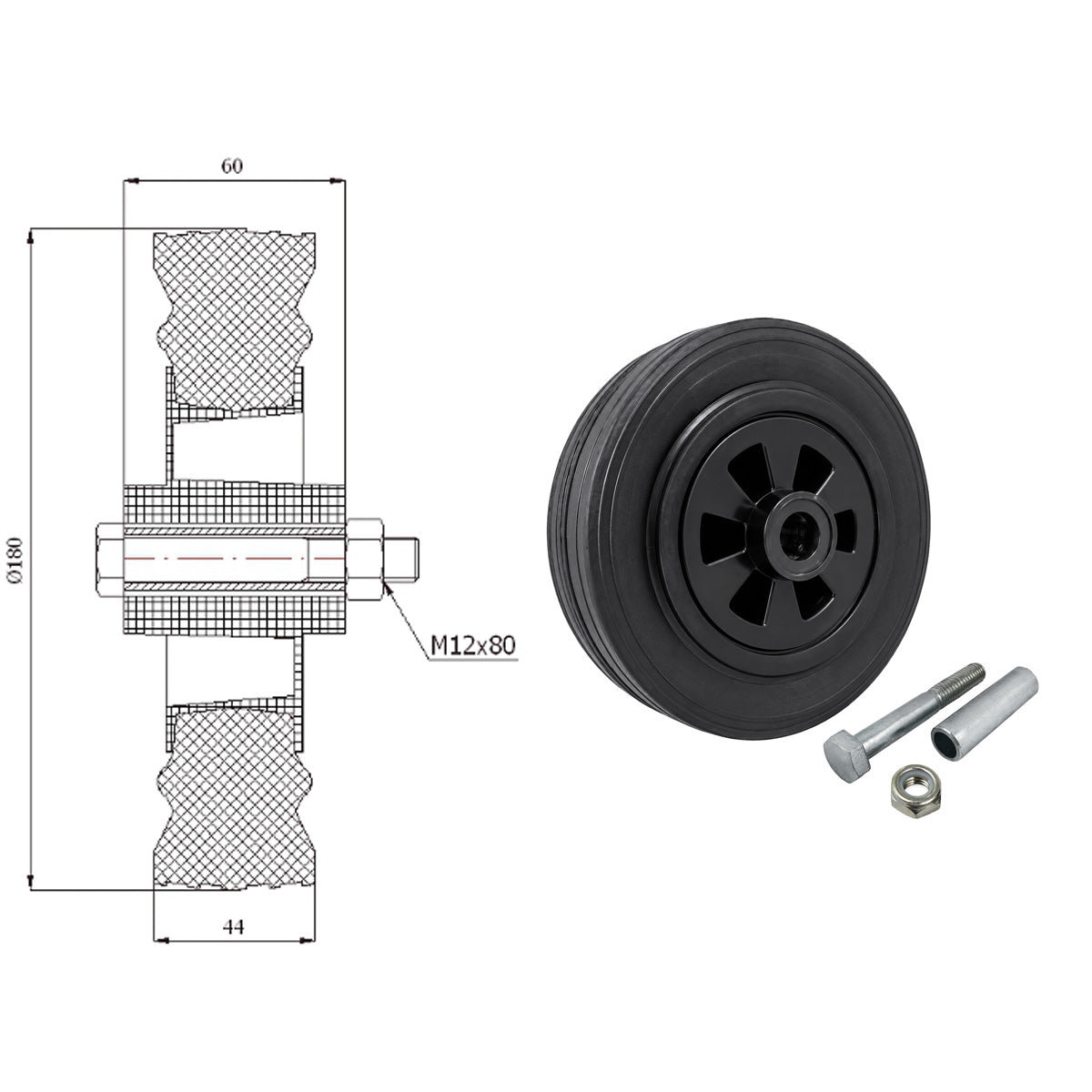 Kunststoff-Gummirrad Ø 180 mm Industrie Gummirad mit Montagesatz Code: 51TX