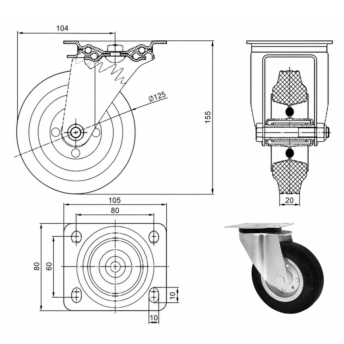 Metall-Gummiräder mit Befestigungsplatte Lenkrolle Ø125 mm mit Platte Code: 22M