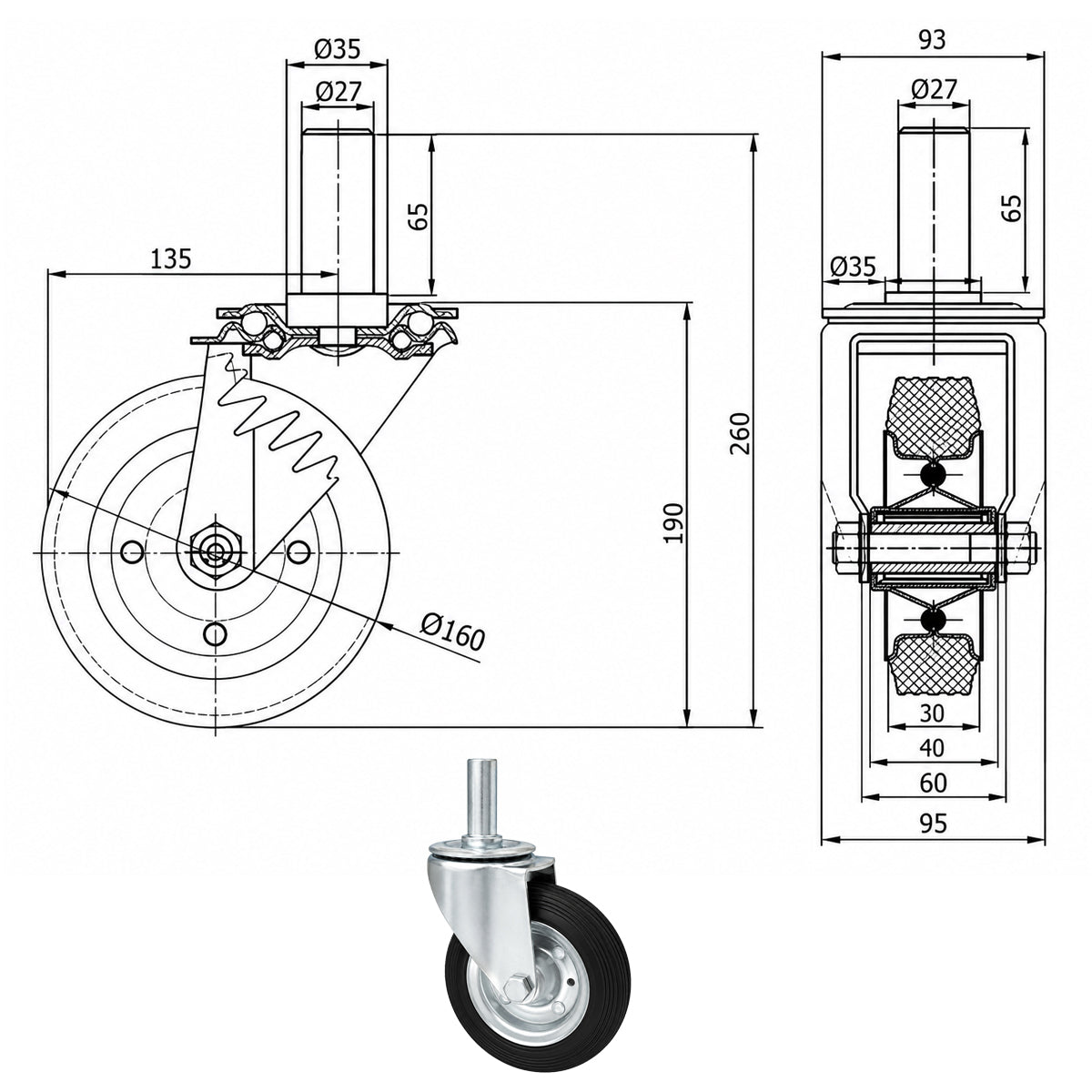 Metall-Gummiräder mit Befestigungsstift Lenkrollen Lenkrollen Ø160 mm Code: 44*27