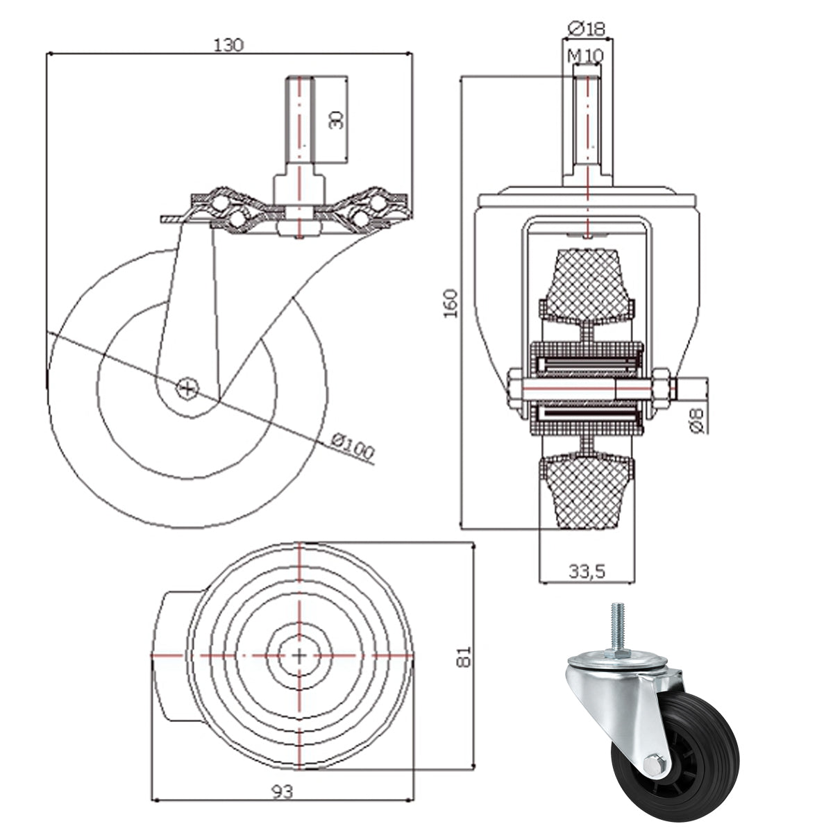Kunststoff-Gummiräder mit Befestigungsstift Lenkrollen Ø100 mm Code: 14T*M10