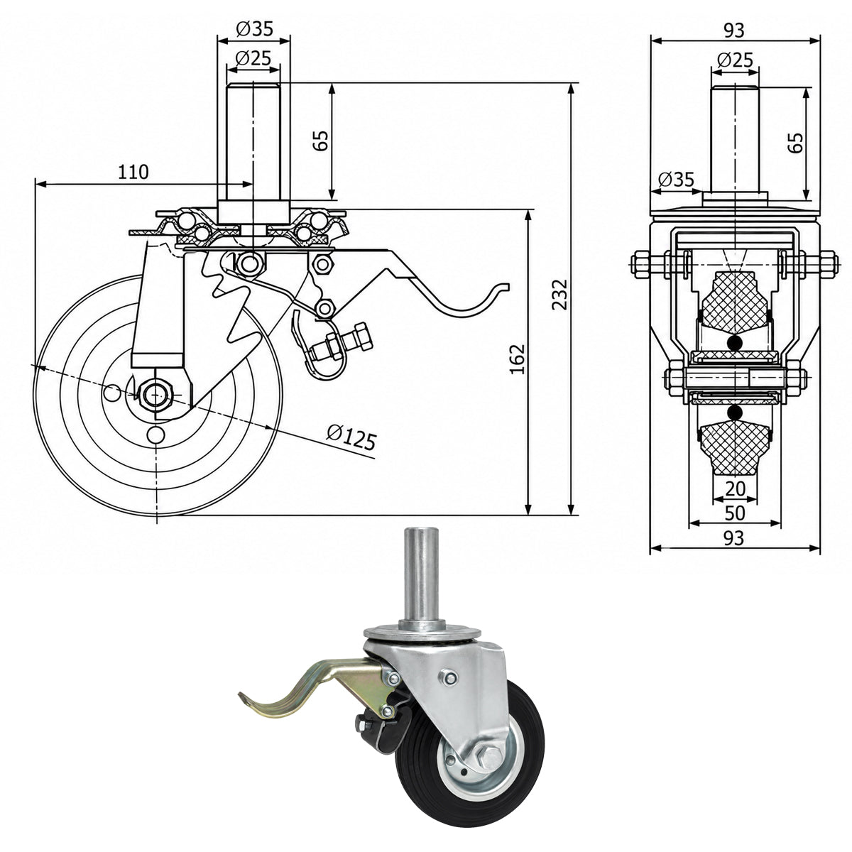 Metall-Gummiräder mit Befestigungsstift und Bremse Lenkrollen  Ø125 mm Code: 26H*25