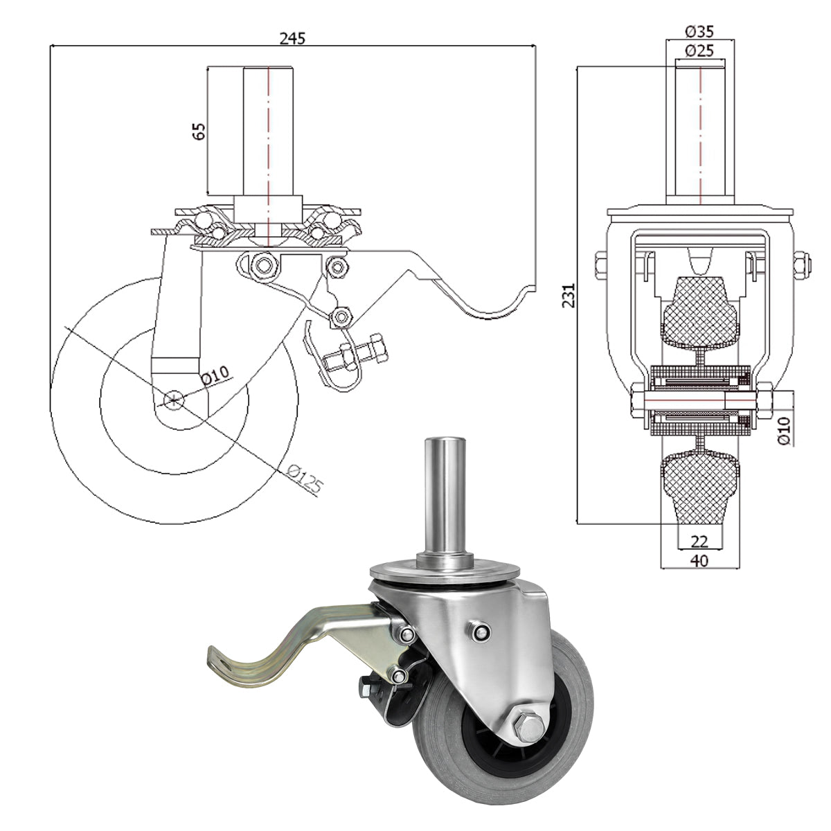 Kunststoff-Gummiräder mit Befestigungsstift und Bremse Lenkrollen  Ø125 mm Code: 26TSH*25