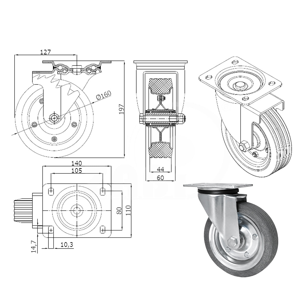 Metall-Gummiräder mit Befestigungsplatte Lenkrolle Ø160 mm mit Platte Code: 42NSW