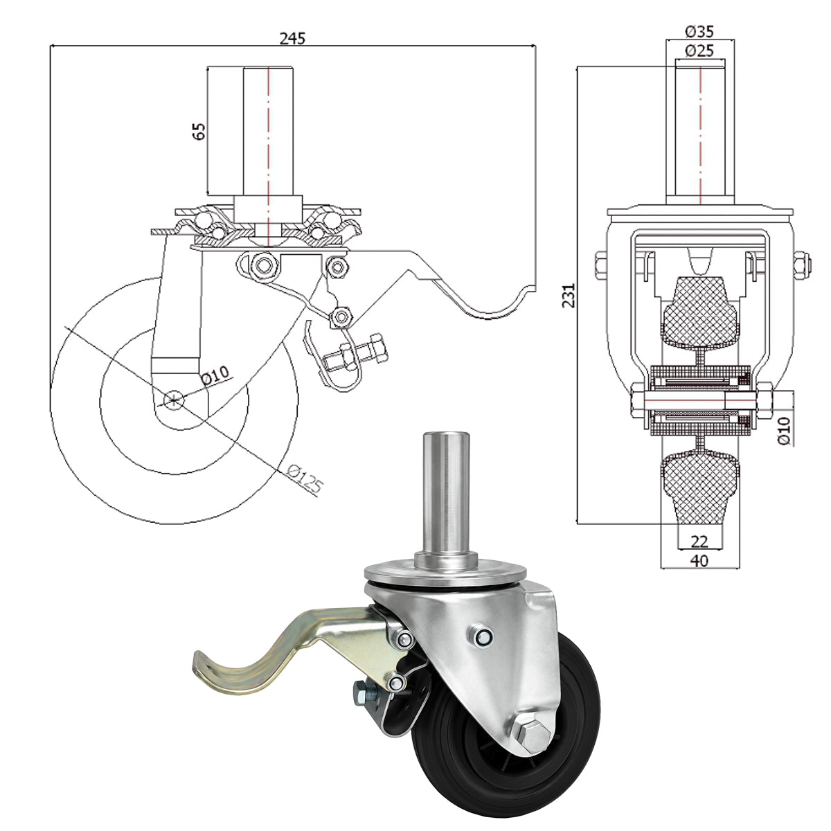 Kunststoff-Gummiräder mit Befestigungsstift und Bremse Lenkrollen  Ø125 mm Code: 26TH*25