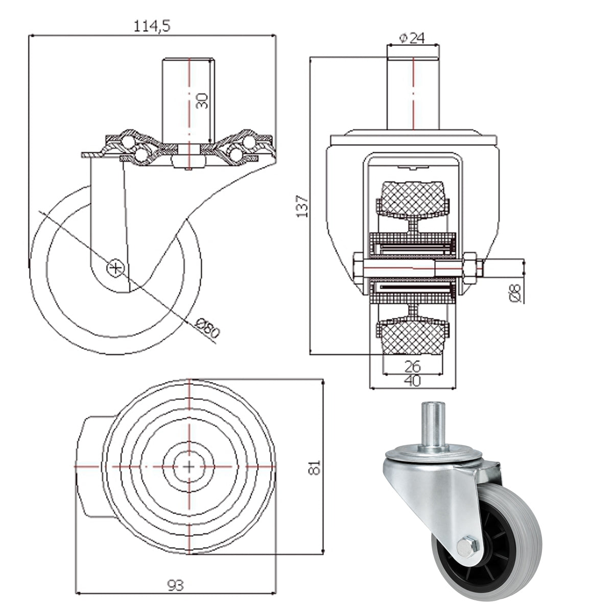 Kunststoff-Gummiräder mit Befestigungsstift Lenkrollen Ø80 mm Code: 5TS*24