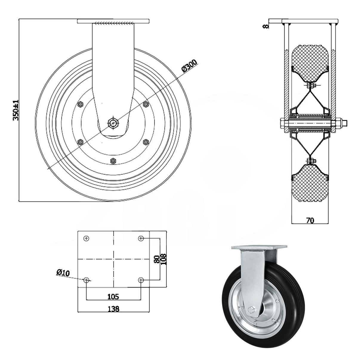 Metall-Gummiräder mit Platte Bockrolle Ø300 mm mit Platte Code: 1003D