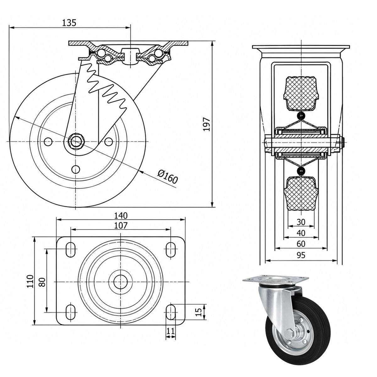 Metall-Gummiräder mit Befestigungsplatte Lenkrolle Ø160 mm mit Platte Code: 42