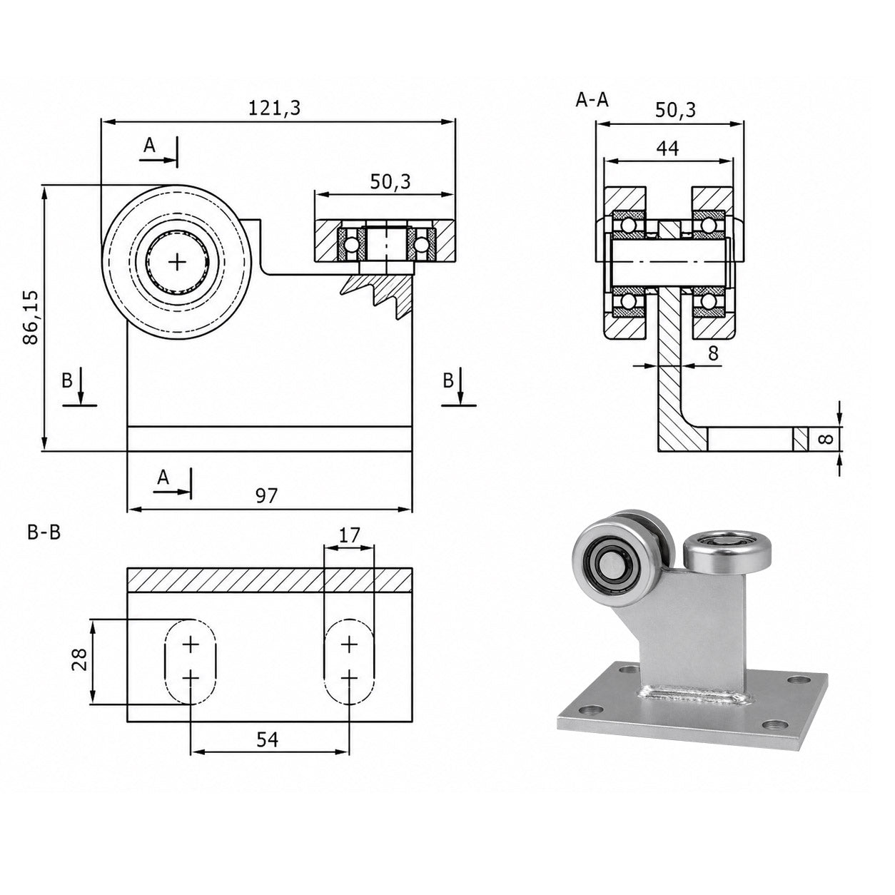 Torwagen für Schiebetore bis 180 °C – für Profile 60 × 60 mm – Wandstärke 3 mm: 3MM-60E