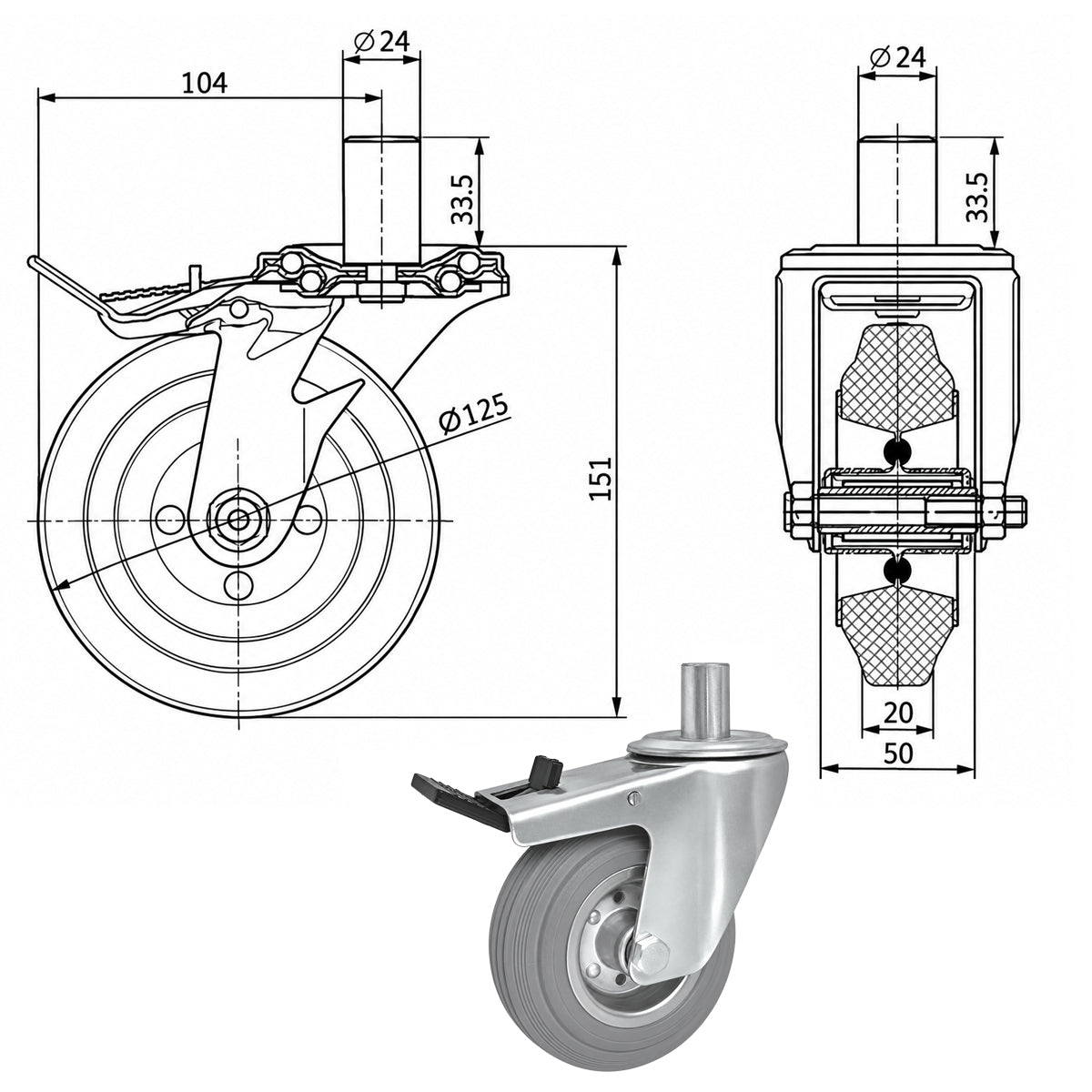 Metall-Gummiräder mit Befestigungsstift und Bremse Lenkrollen  Ø125 mm Code: 26MSH*24