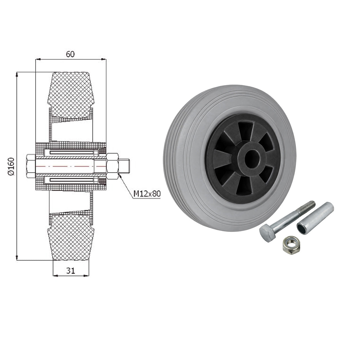 Kunststoff-Gummirrad Ø 160 mm Industrie Gummirad mit Montagesatz Code: 41TSX