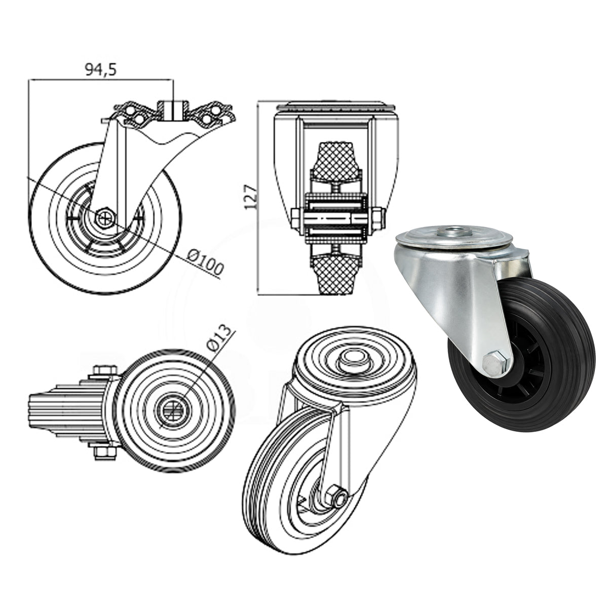 Kunststoff-Gummiräder mit Befestigungsstift mit Zentralbohrung Ø100 mm Code: 17T9