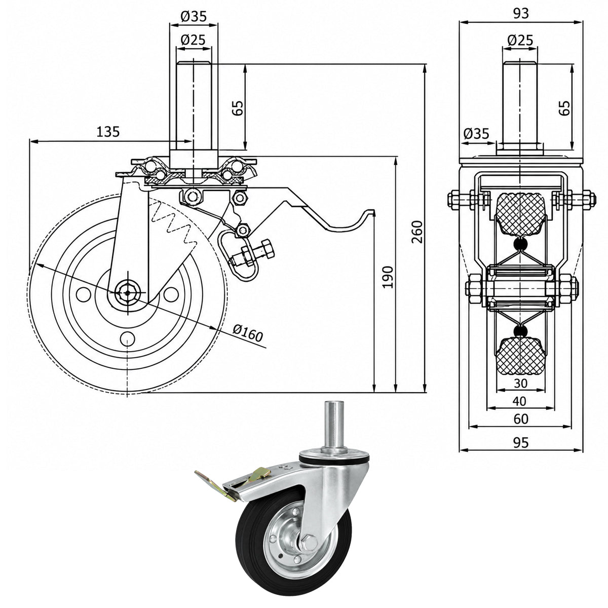 Metall-Gummiräder mit Befestigungsstift und Bremse Lenkrollen  Ø160 mm Code: 46H*25