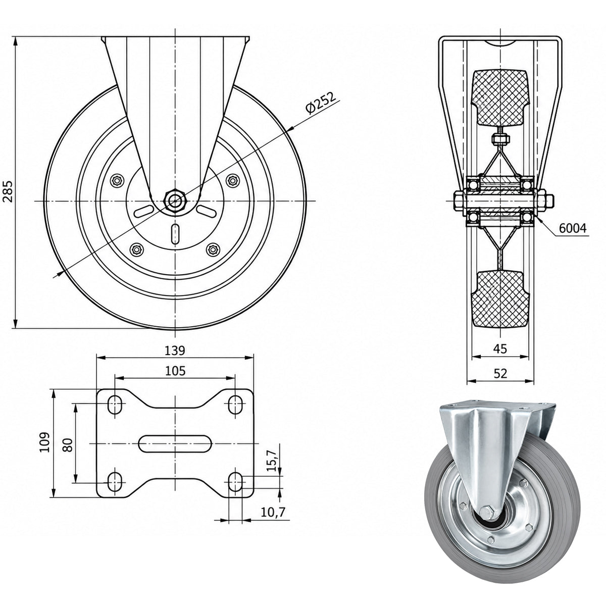 Metall-Gummiräder mit Platte Bockrolle Ø250 mm mit Platte Code: 93LS