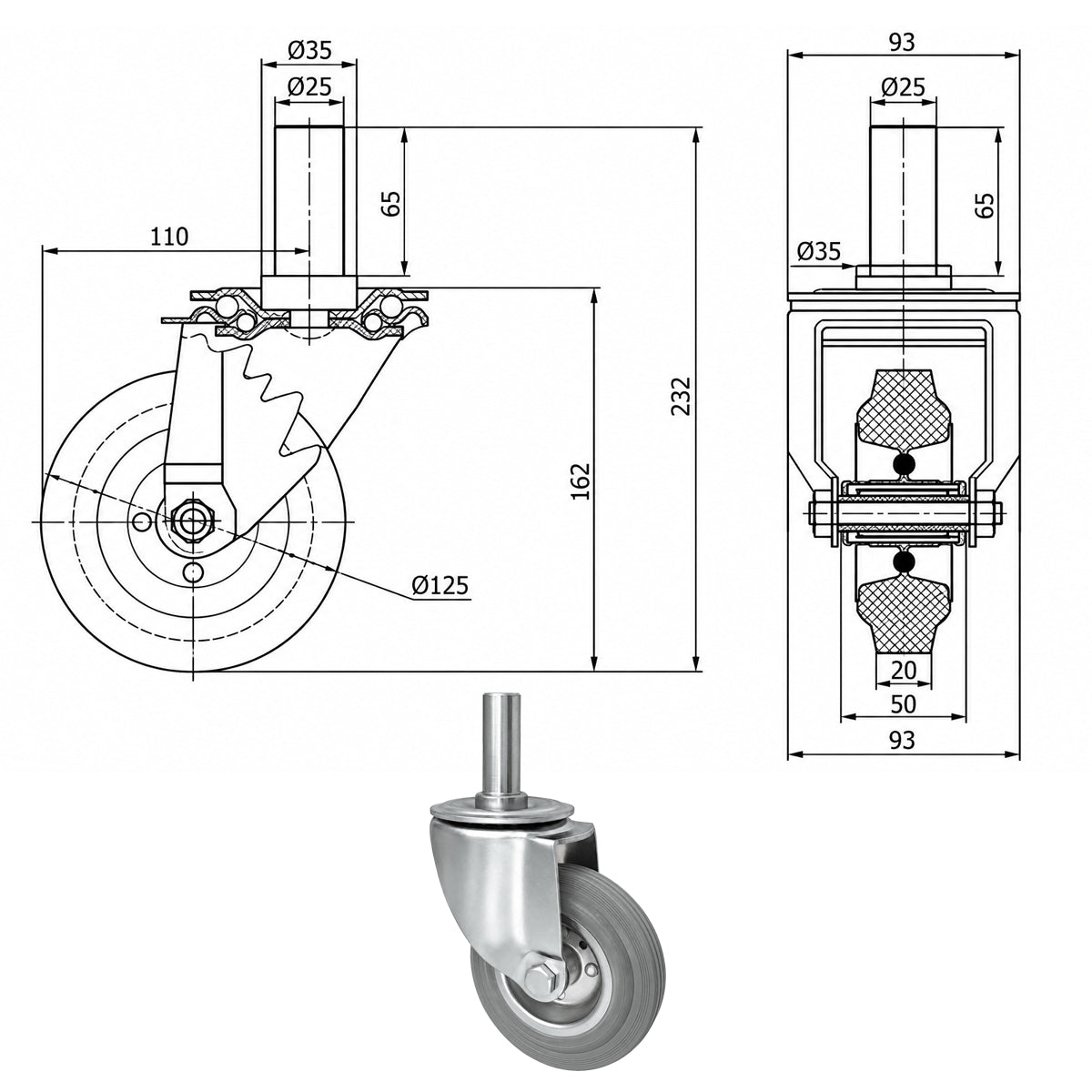 Metall-Gummiräder mit Befestigungsstift Lenkrollen Lenkrollen Ø125 mm Code: 24S*25