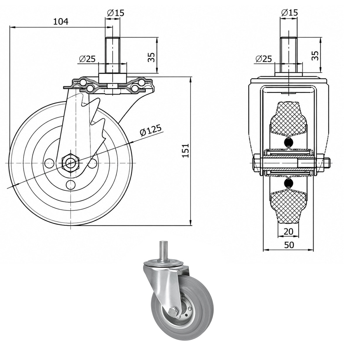 Metall-Gummiräder mit Befestigungsstift Lenkrollen Lenkrollen Ø125 mm Code: 24MS*15
