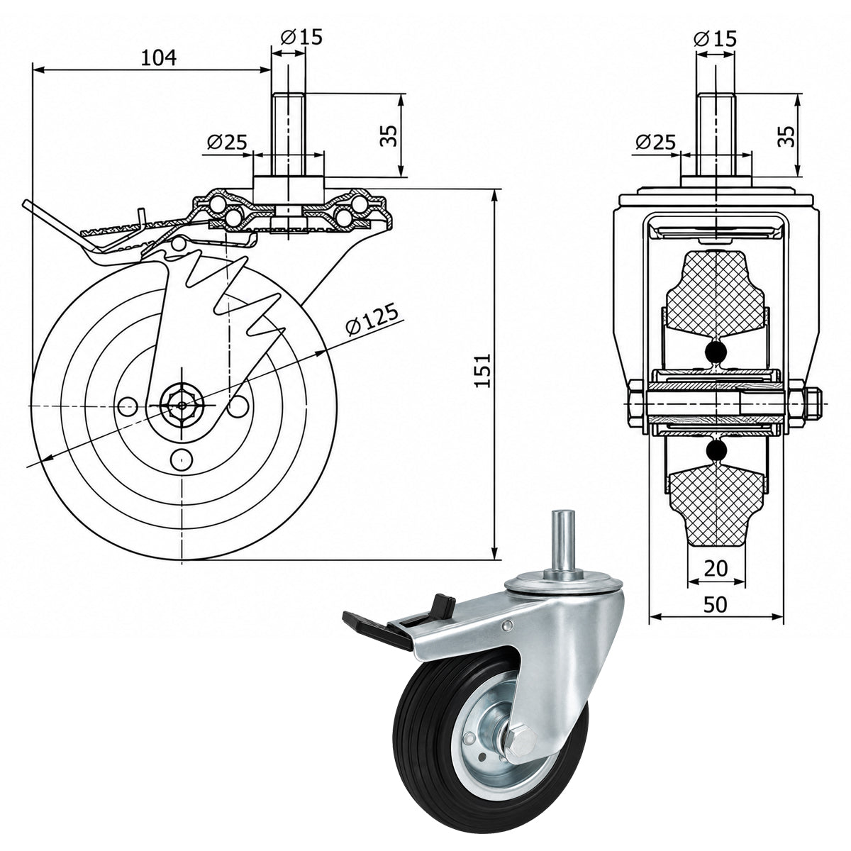 Metall-Gummiräder mit Befestigungsstift und Bremse Lenkrollen  Ø125 mm Code: 26MH*15