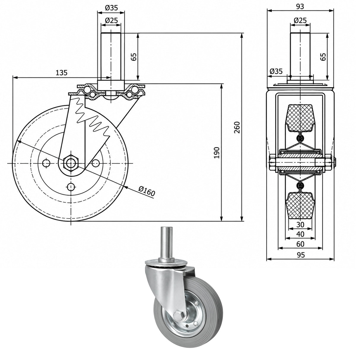 Metall-Gummiräder mit Befestigungsstift Lenkrollen Lenkrollen Ø160 mm Code: 44S*25