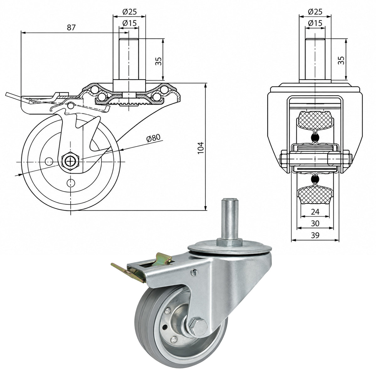Metall-Gummiräder mit Befestigungsstift und Bremse Lenkrollen  Ø80 mm Code: 7SH*15