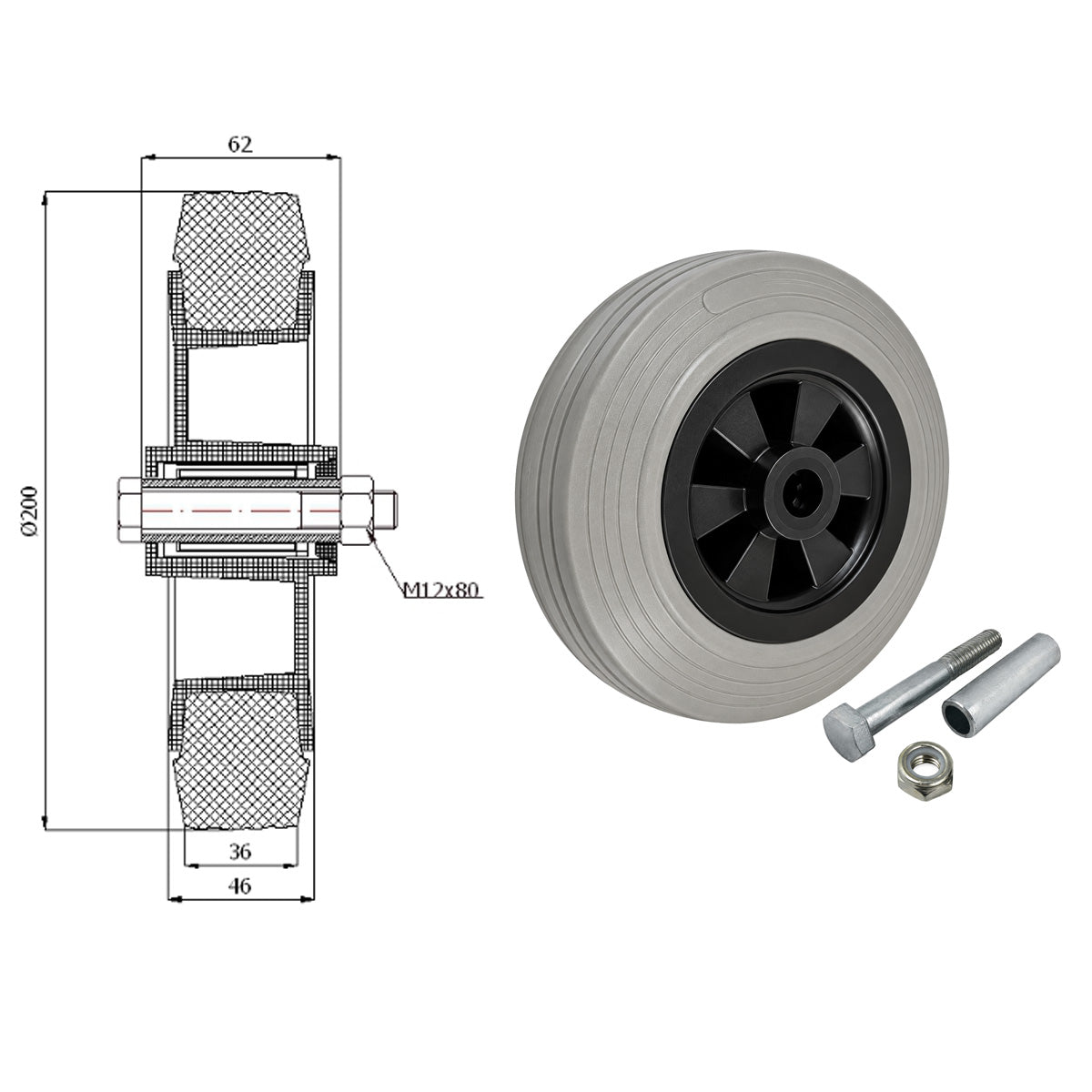 Kunststoff-Gummirrad Ø 200 mm Industrie Gummirad mit Montagesatz Code: 61TSX